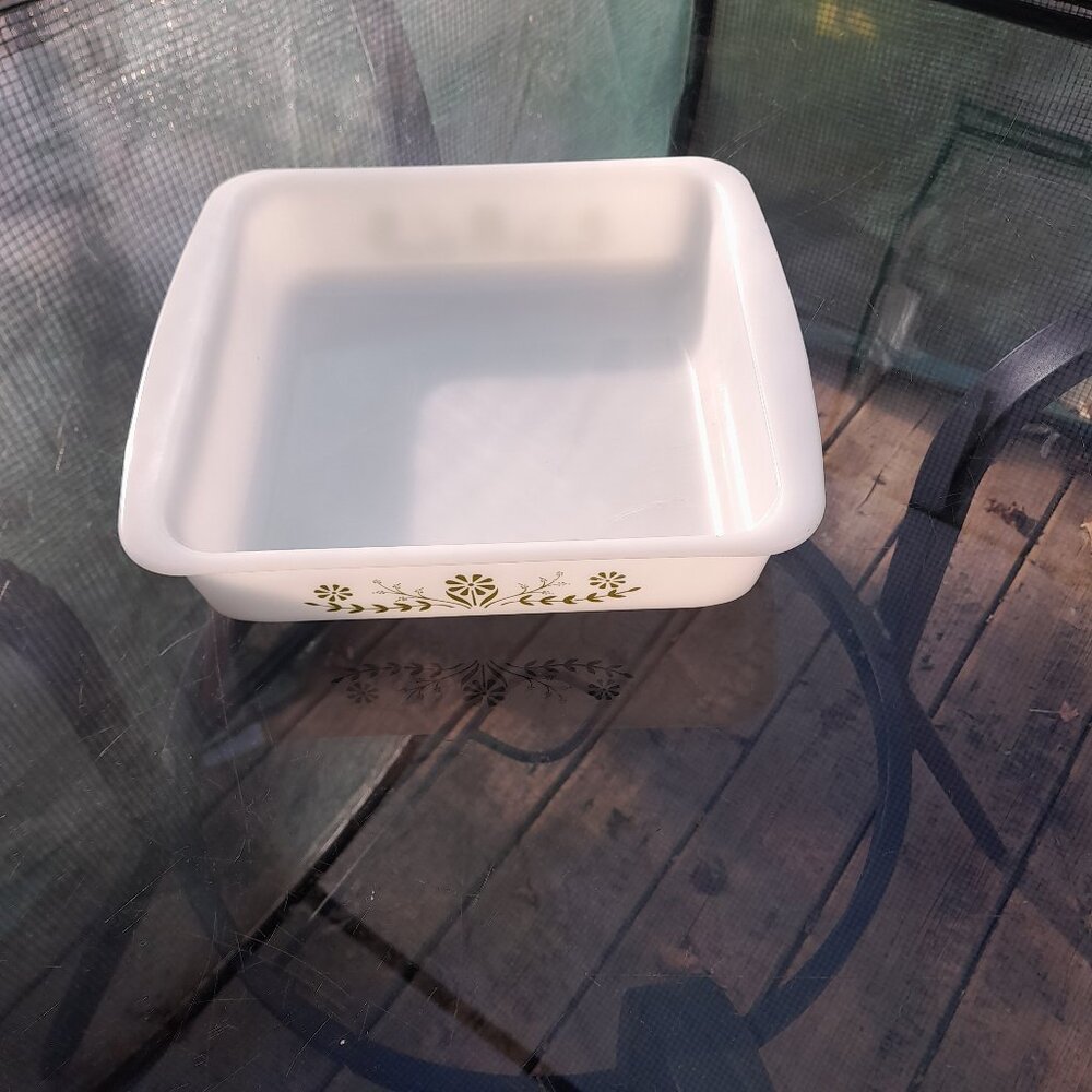 Glassbake milk glass rectangular Pan  8 x 8 x 2 inches with Green Daisy Pattern